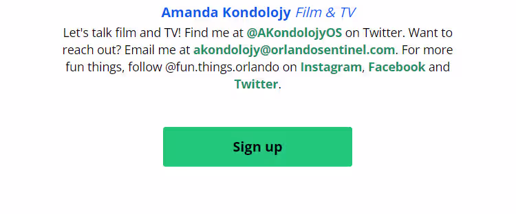 Profile section for Amanda Kondolojy with contact info, social links, and a green sign-up button below.