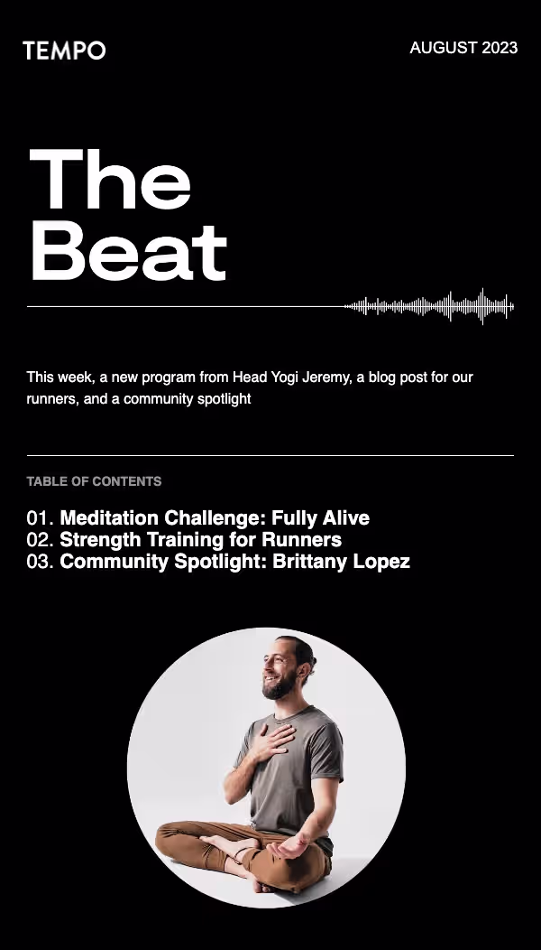 Newsletter cover titled 'The Beat' with table of contents and an image of a man sitting cross-legged with his hand on his chest.
