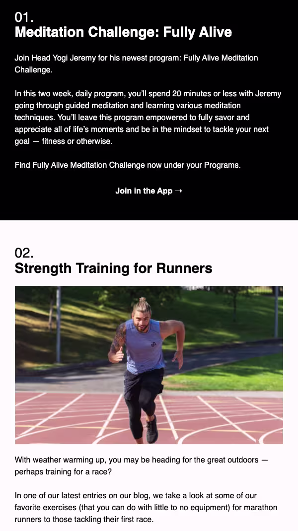 Newsletter section featuring Meditation Challenge details with a photo of a man meditating and a second section titled Strength Training for Runners showing a runner sprinting on a track.