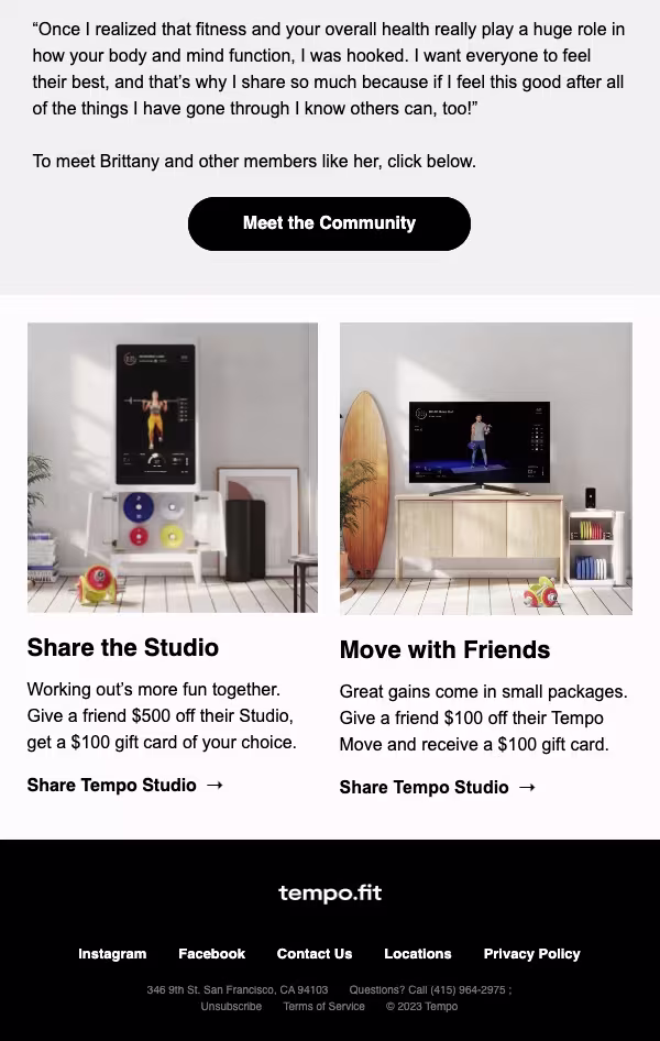 Continuation of the Community Spotlight with Brittany Lopez's quote, plus two promotional images showing Tempo Studio setups for sharing and working out with friends.