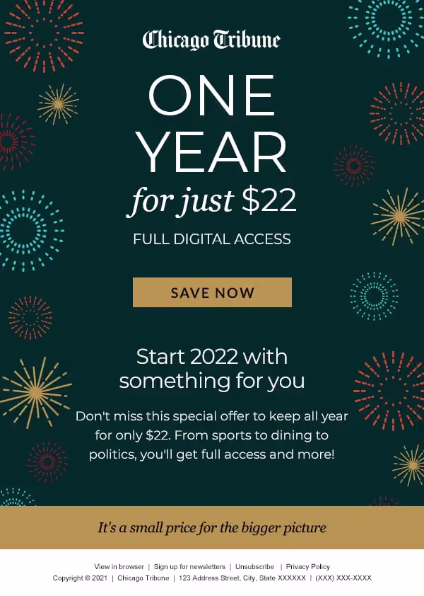 Chicago Tribune New Year promotion graphic offering one year of full digital access for $22 with fireworks illustrations.
