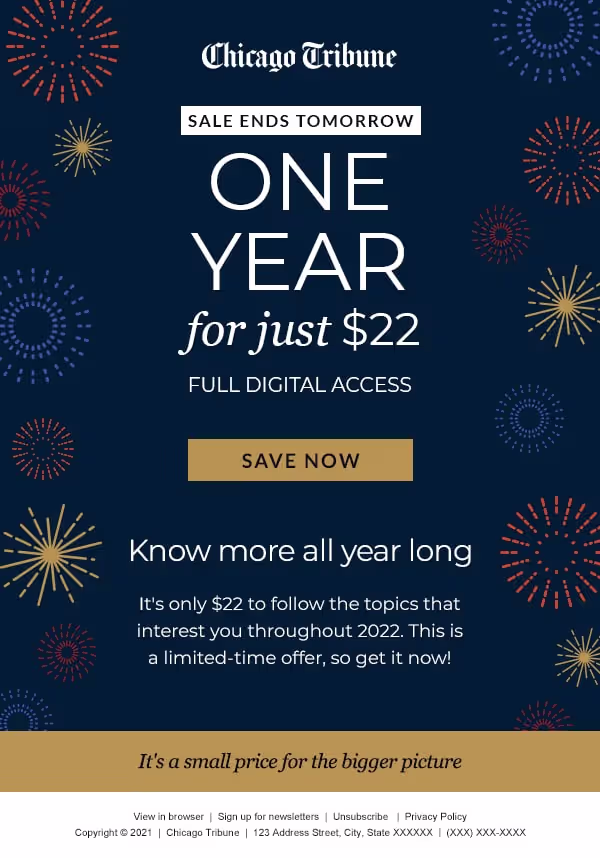 Chicago Tribune digital access sale ending tomorrow—one year for $22—set against a dark blue background with fireworks.