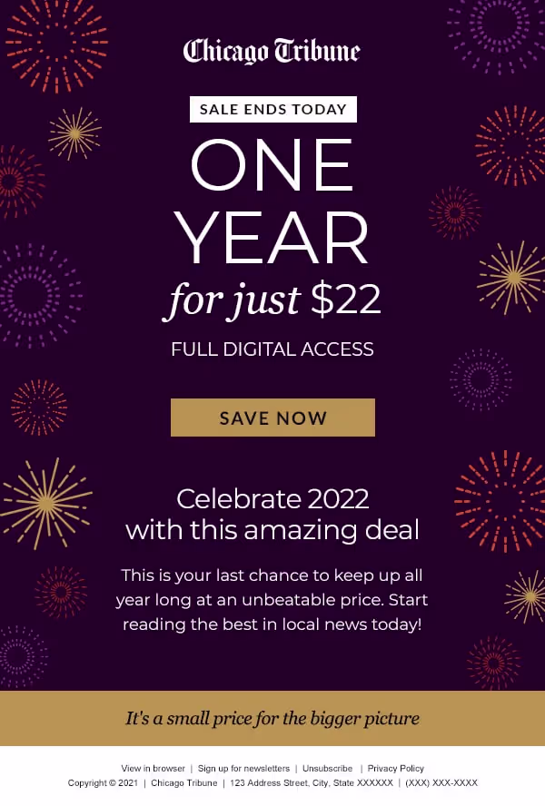 Chicago Tribune limited-time offer graphic showing one year for $22 on a purple background with fireworks.