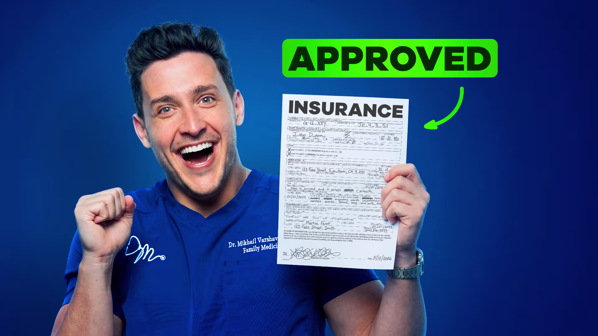 Dr. Mike celebrating while holding an insurance form marked 'APPROVED'