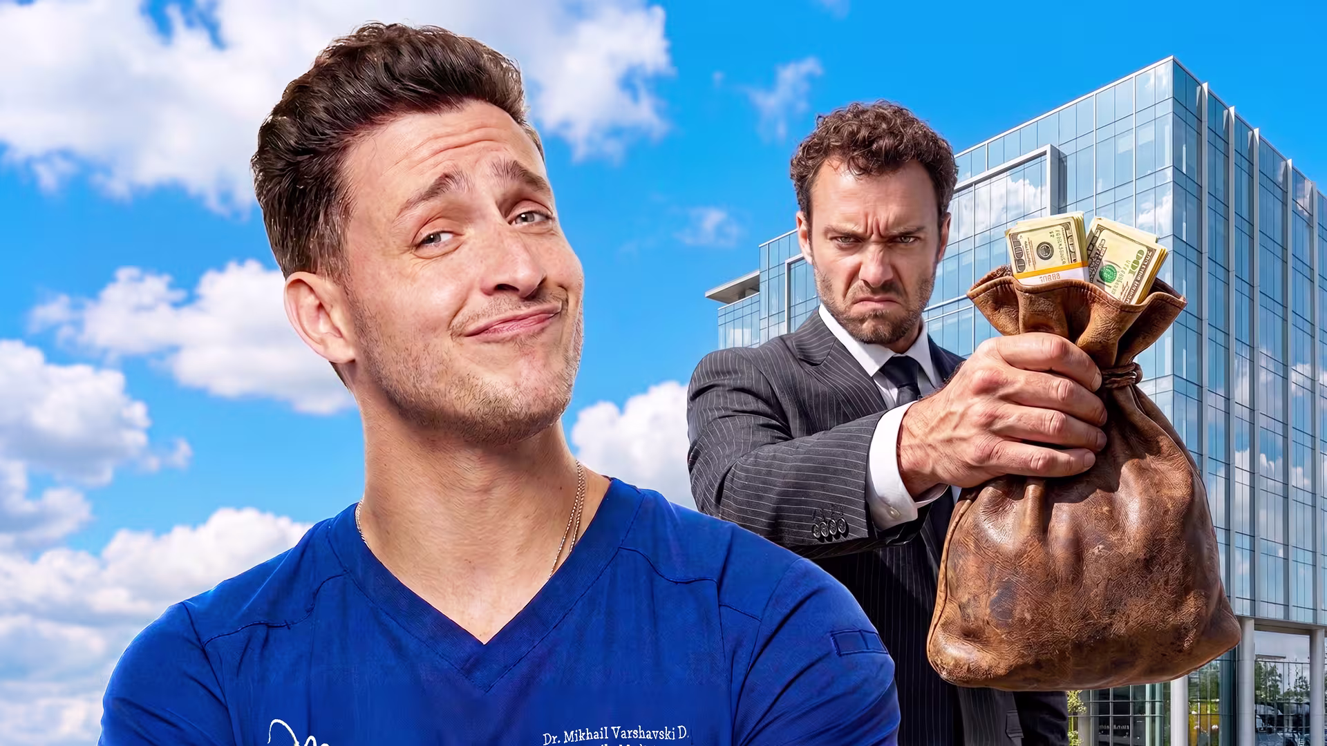 Dr. Mike smirking as a suited man angrily holds a bag of money