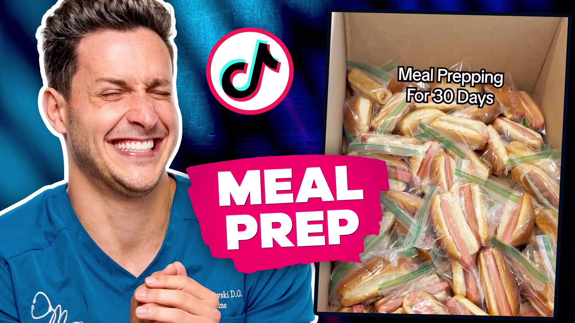 Dr. Mike laughing next to a box of bagged sandwiches, text reads 'Meal Prep'