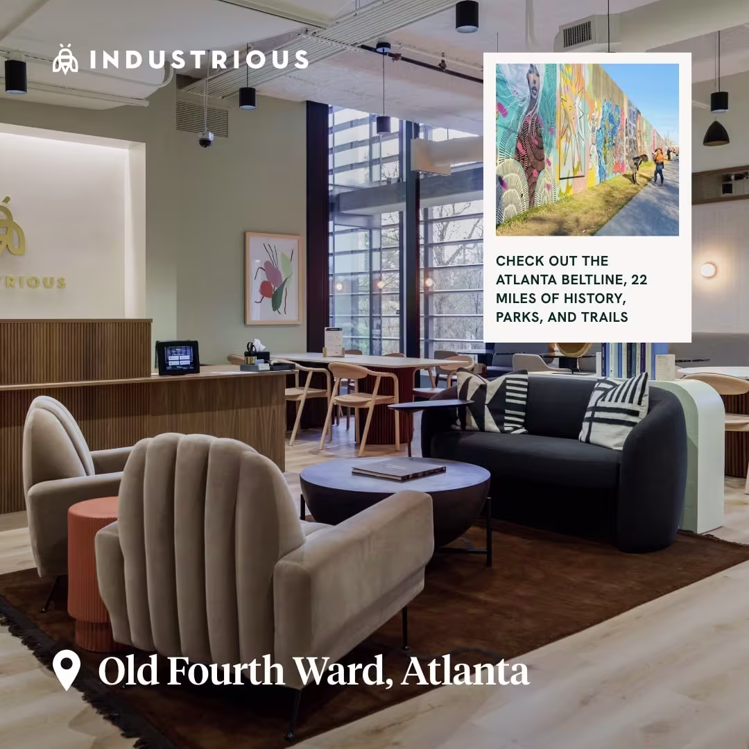 Warm, modern seating area at Industrious Old Fourth Ward in Atlanta, with inset photo of the Atlanta BeltLine murals.