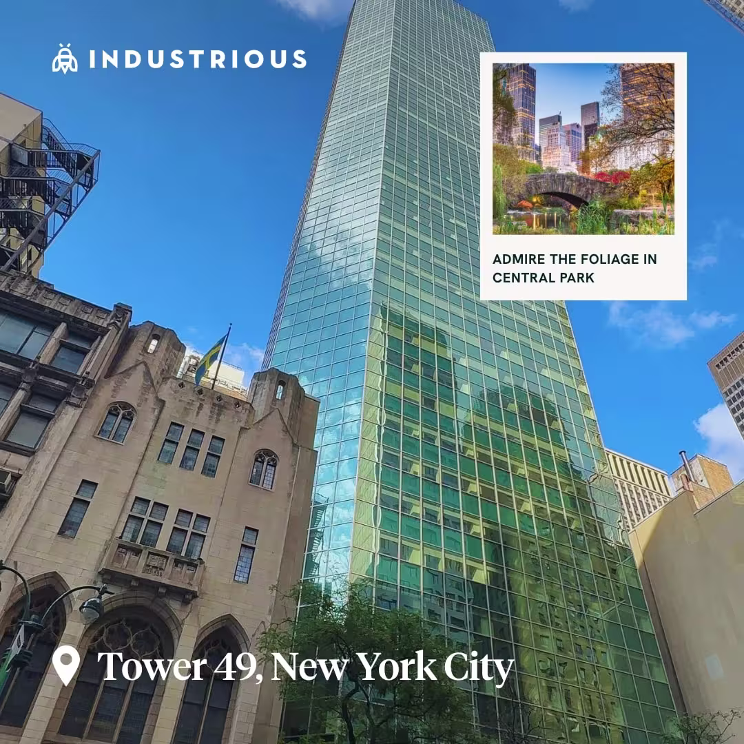 Tall glass building at Industrious Tower 49 in New York City, with inset photo of Central Park fall foliage.