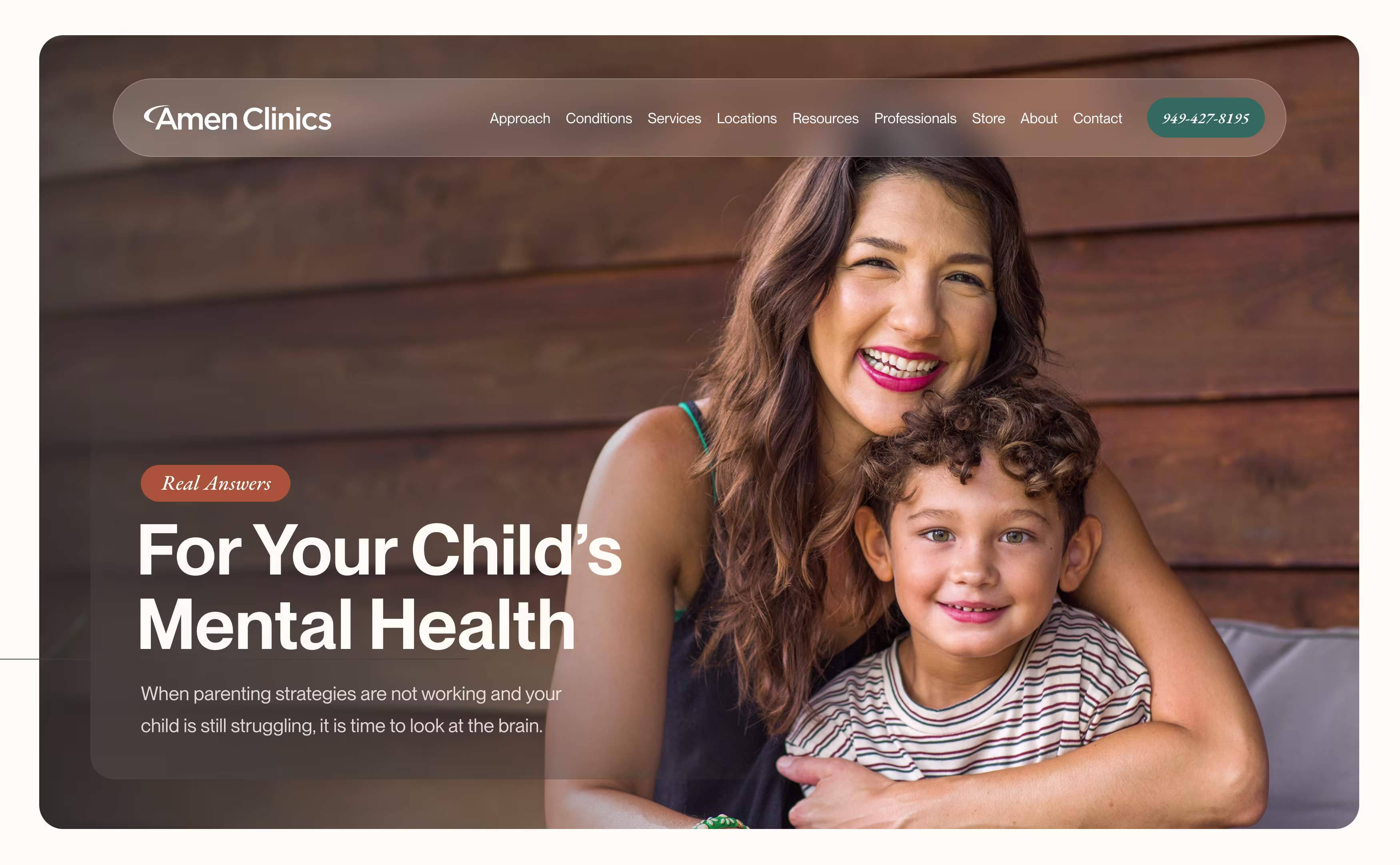 Homepage hero showing a smiling mother and child with headline text about children's mental health and a call-to-action.
