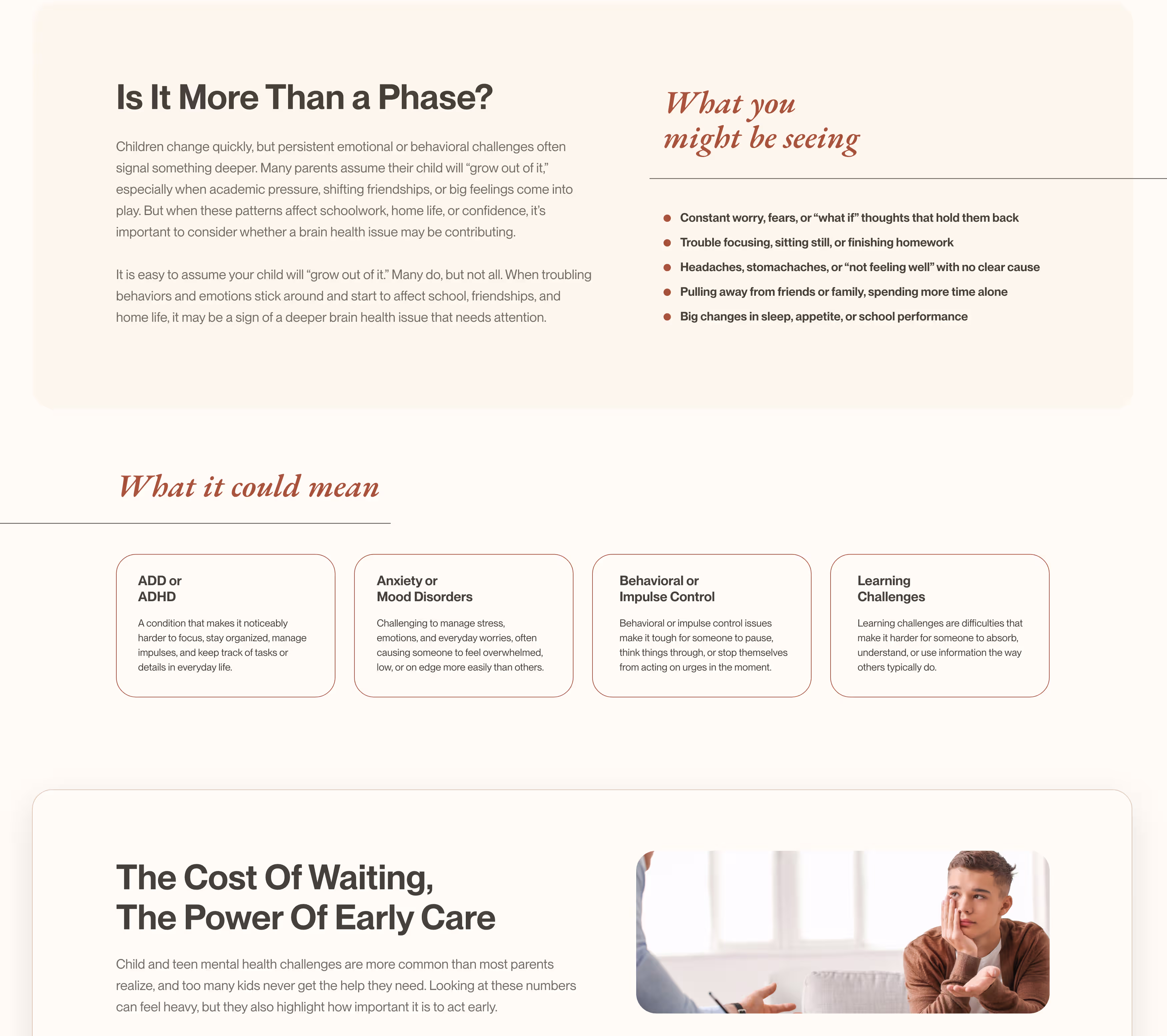 Section outlining signs that a child's behavior may indicate deeper issues, with columns for symptoms, possible conditions, and early care information.
