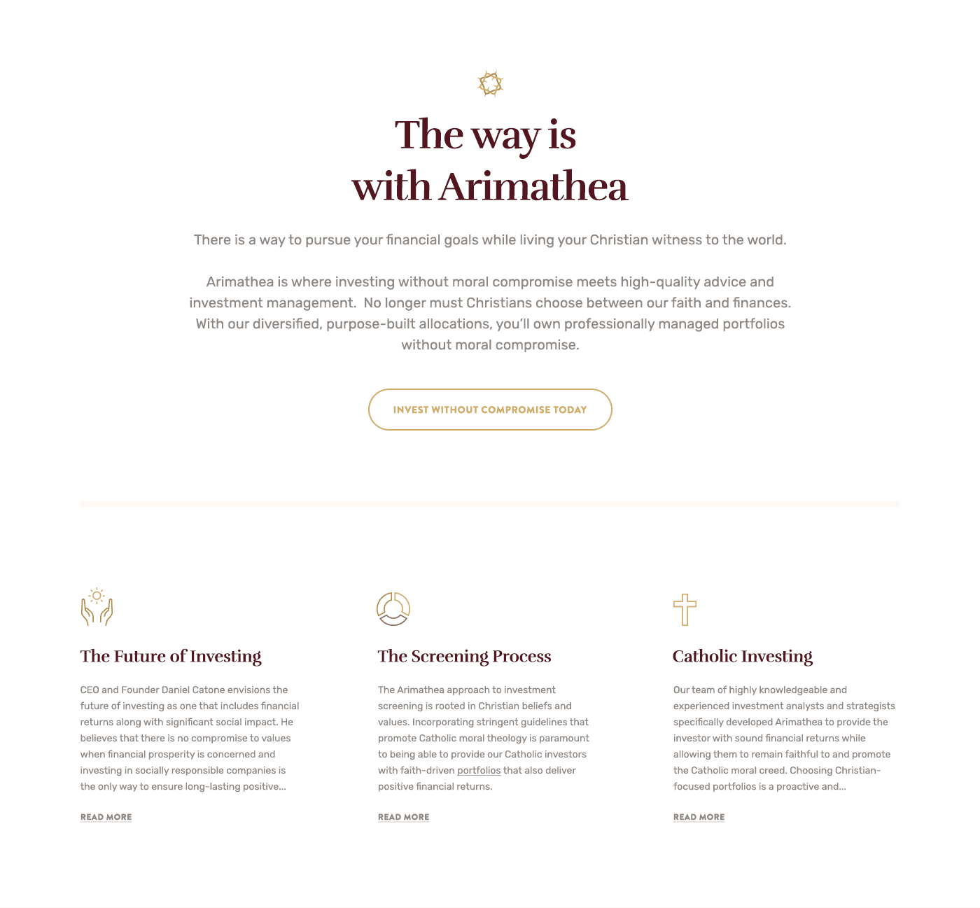 Section titled 'The way is with Arimathea' describing values-based Christian investing, followed by three cards highlighting the future of investing, the screening process, and Catholic investing.