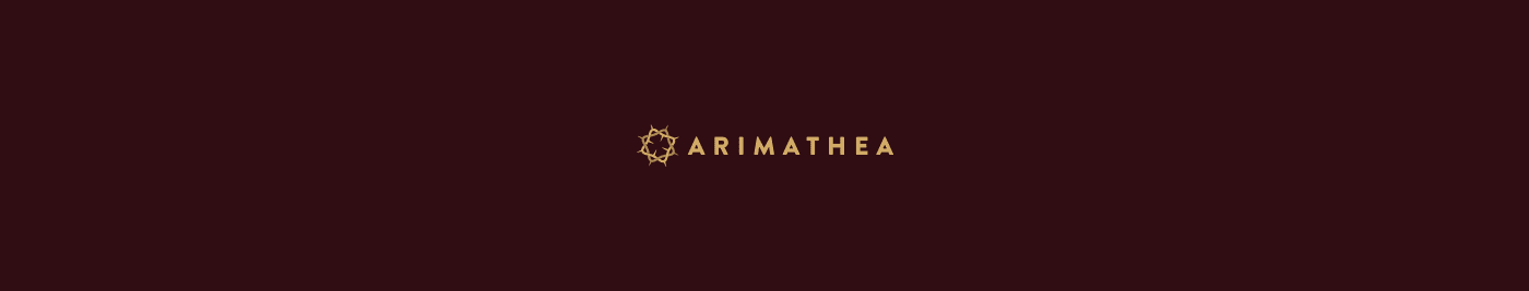 Dark maroon background featuring the gold Arimathea logo centered on the page.