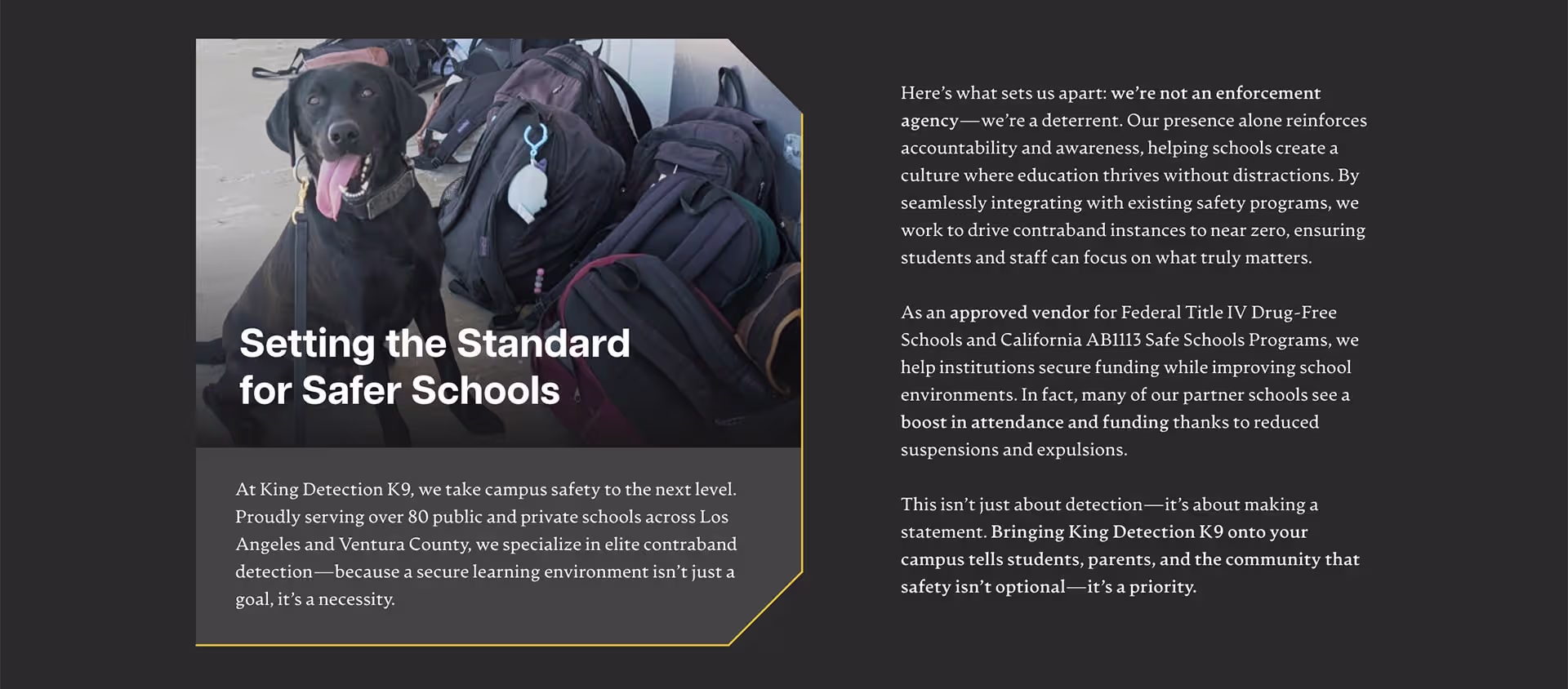 Black-and-white photo of a canine handler training a dog next to text highlighting his military, law enforcement, and civilian experience, with a 'Read More' button.