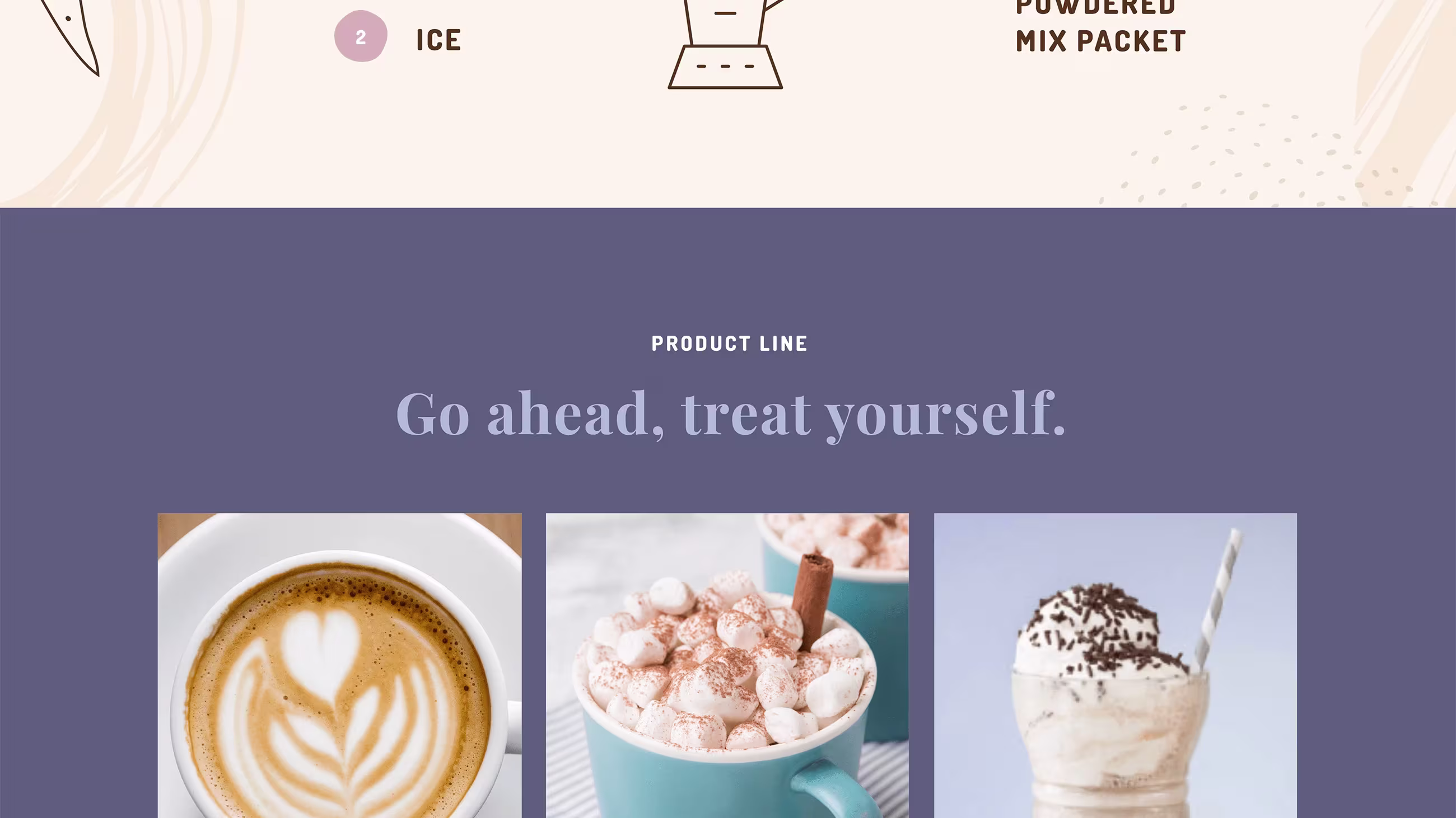 Step-by-step graphic showing how to make a Komoniwana drink with icons for ice and powdered mix packets.