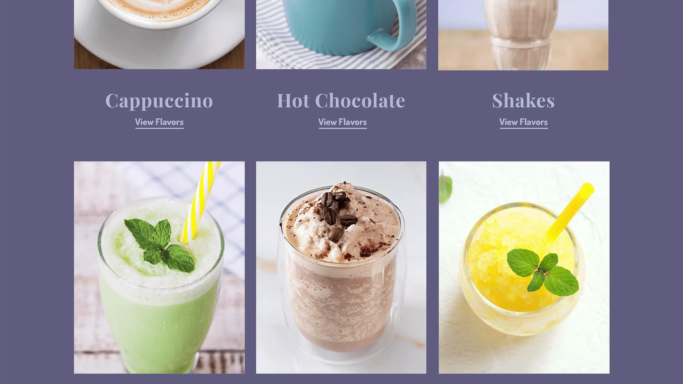 Product line gallery featuring photos of cappuccino, hot chocolate, shakes, and smoothie beverages.