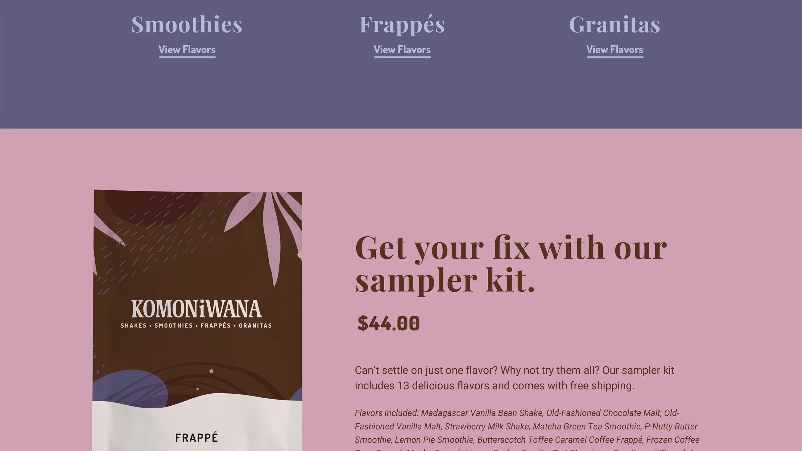 Sampler kit promo featuring a Komoniwana drink mix bag and text describing the 12-flavor assortment.