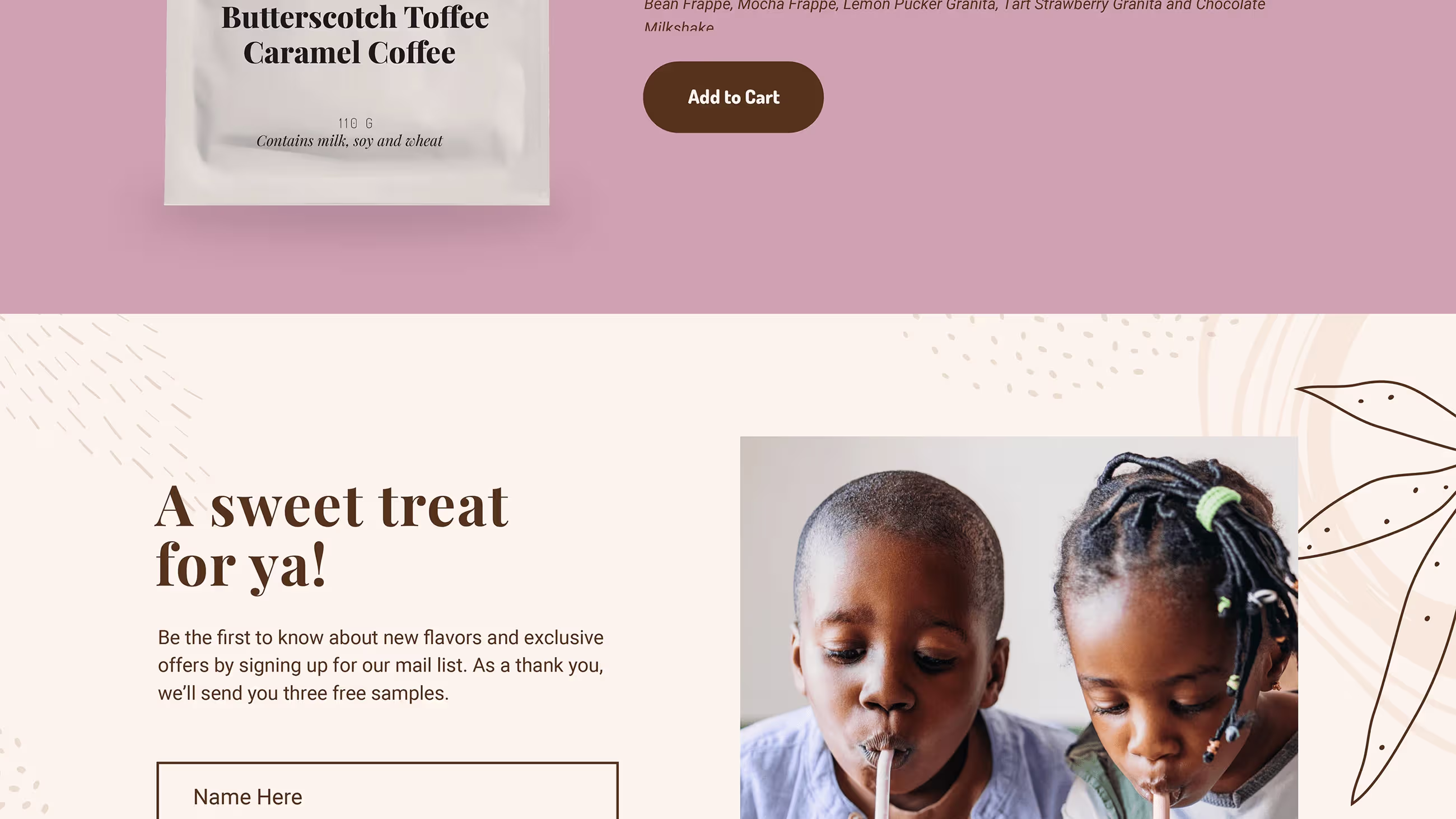 'A sweet treat for ya!' sign-up section with two children drinking from straws next to the newsletter form.