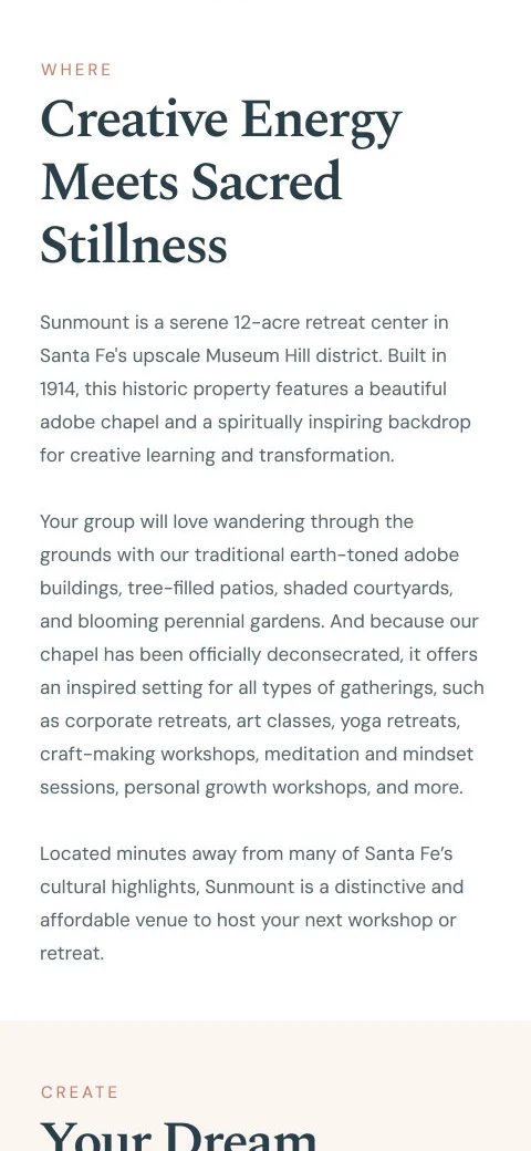Mobile hero screenshot with the headline 'An inspired space for gathering' and an image of the adobe chapel.