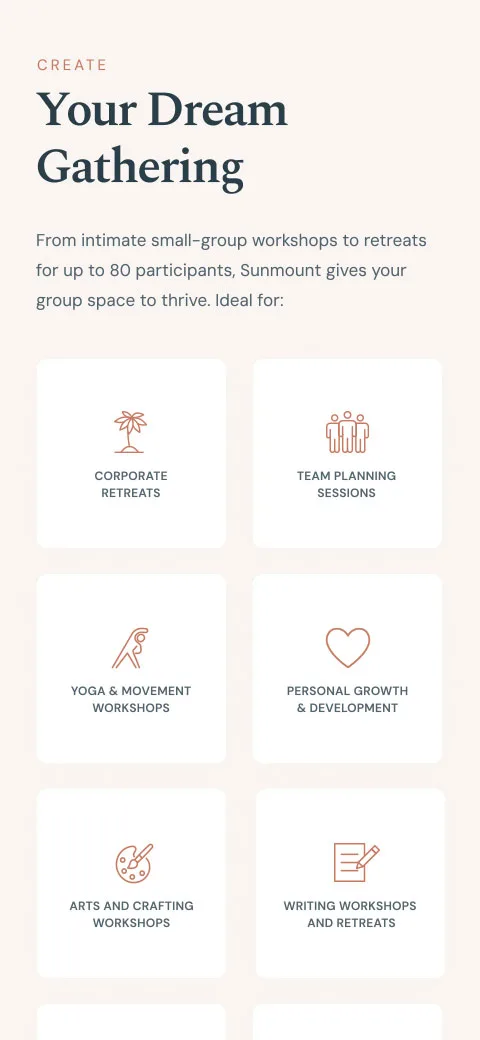 Mobile screenshot of the 'Your Dream Gathering' section with six retreat-type icon cards.