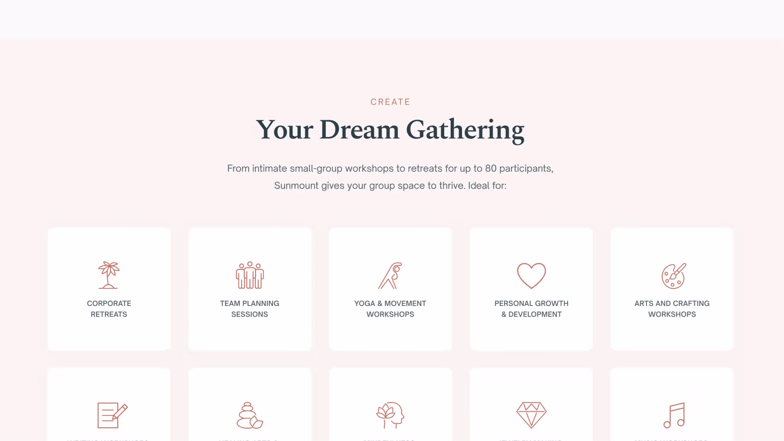 Section titled 'Your Dream Gathering' with icons representing different retreat types like corporate, yoga, wellness, and personal growth.